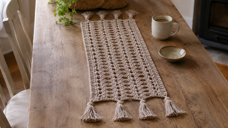 Textured beige crochet table runner with tassels on a wooden table