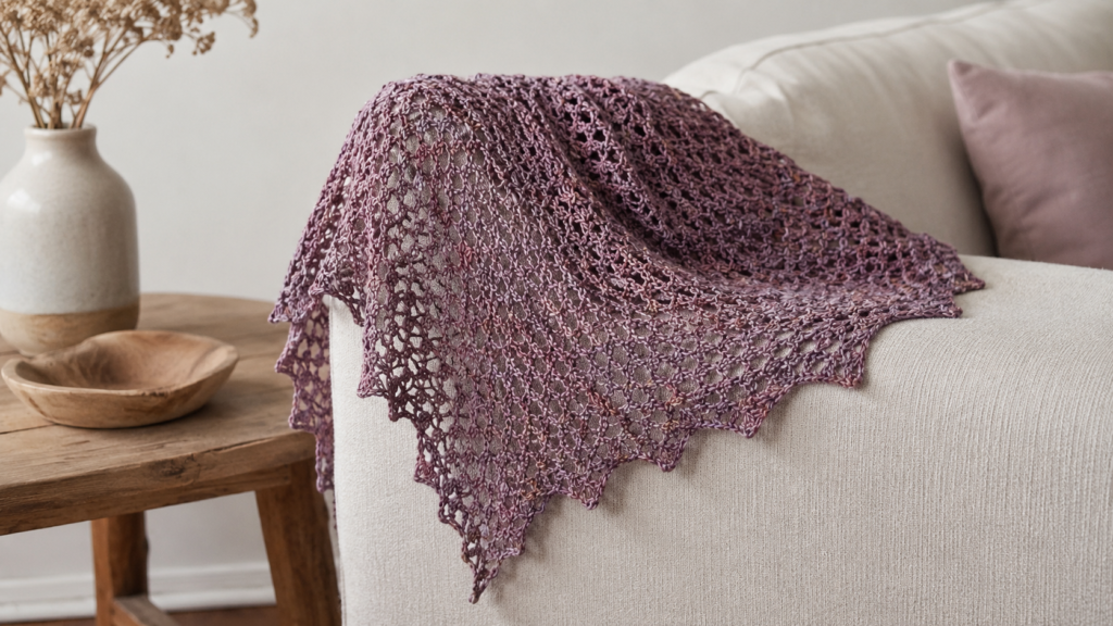 Mauve openwork lace crochet shawl draped over a sofa
