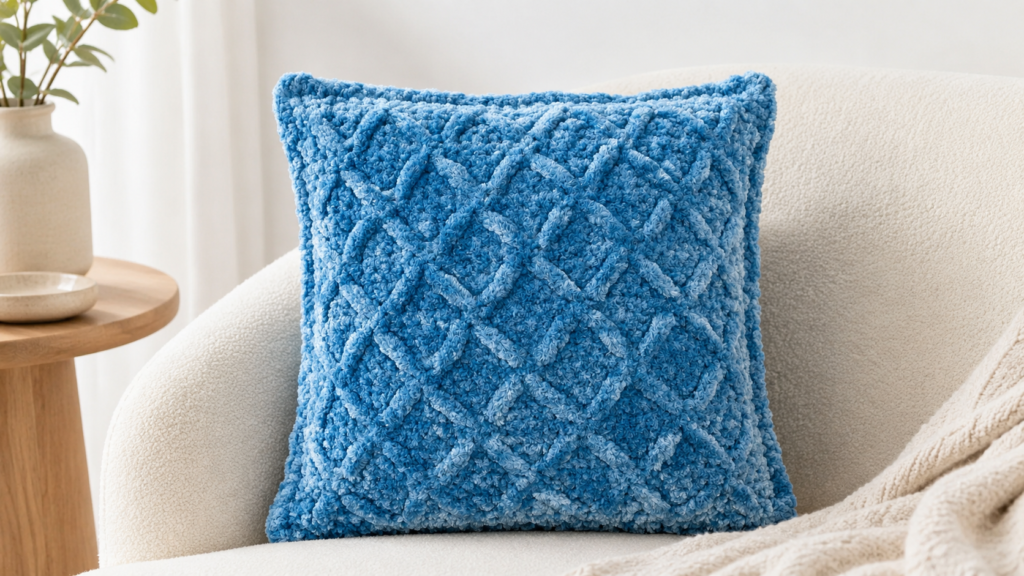 Bright blue crocheted square pillow with raised basketweave texture