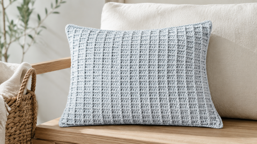 Light gray crocheted pillow with raised waffle texture