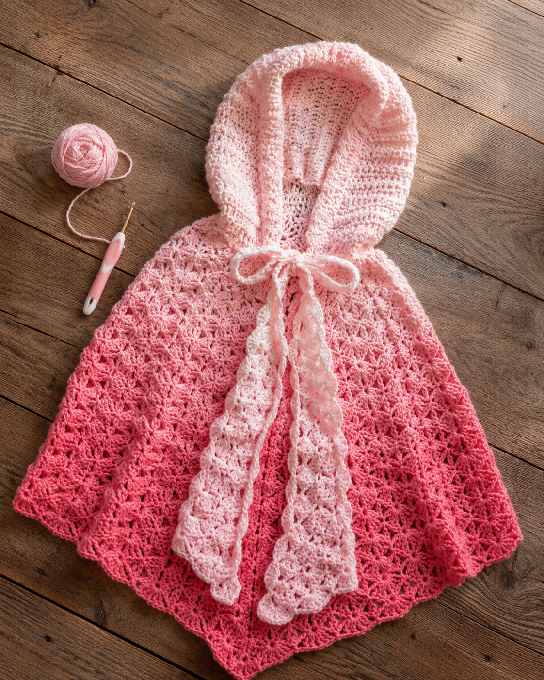 Pink crochet Victorian hooded shawl laid flat with long ties on a wooden floor
