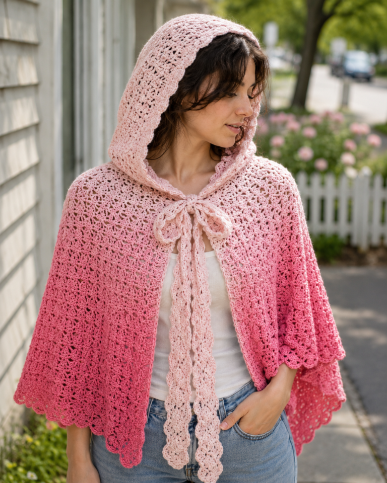 Person wearing a pink crochet Victorian hooded shawl with long ties