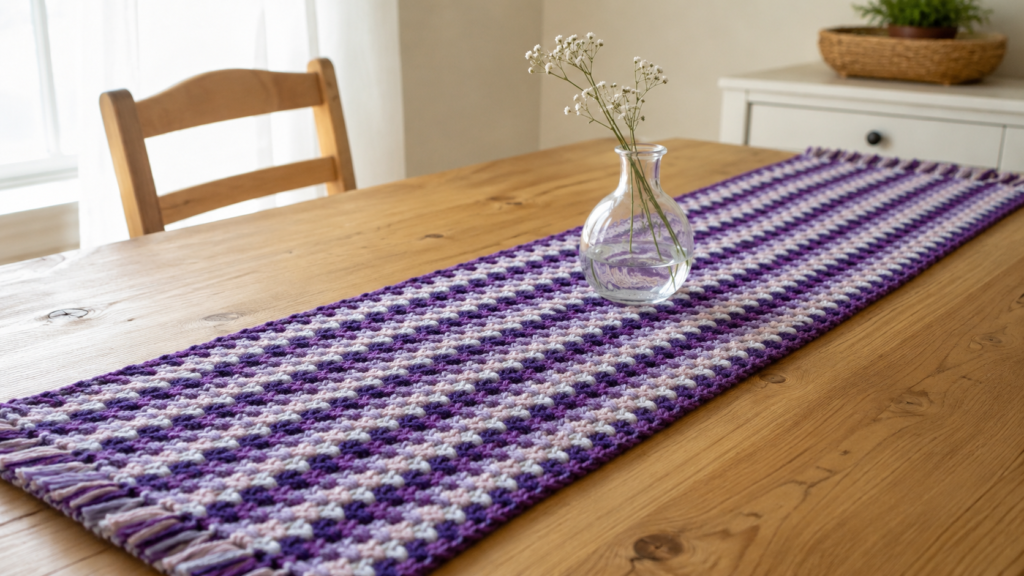 Purple and pastel textured crochet table runner with fringe