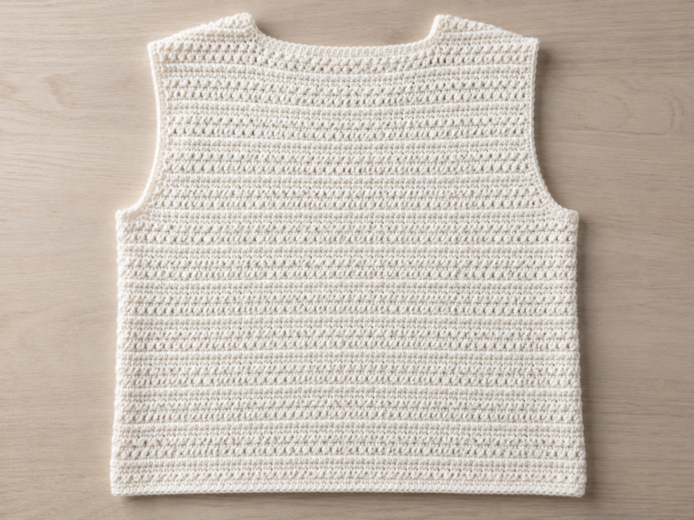 Folded sleeveless cream crochet top with armhole cutouts and ridged textured rows