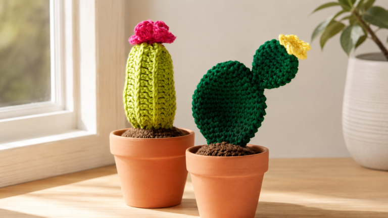 Two handmade crochet cacti in terracotta pots