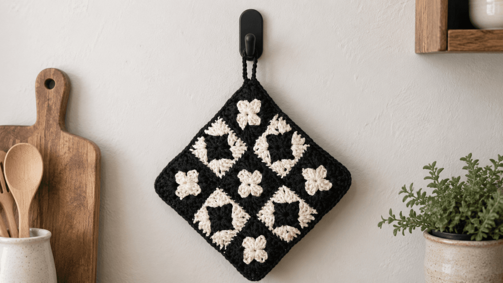 Black and cream handmade crochet granny square potholder