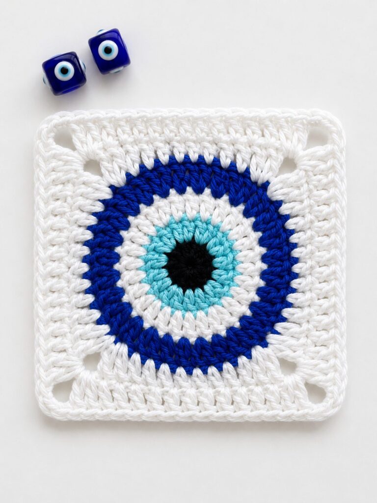 Devil eye granny square in white cotton with a cobalt blue ring, turquoise iris and black pupil, two nazar beads beside it