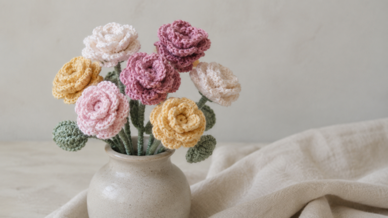 Handmade crochet rose bouquet in a ceramic vase