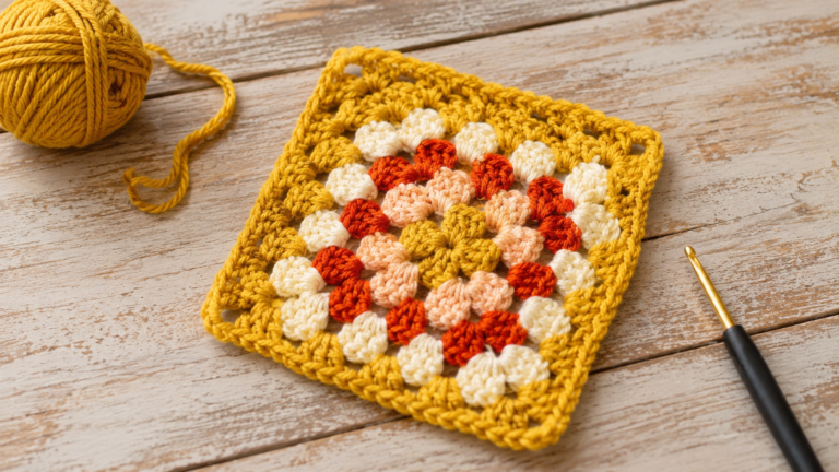 Close-up of a yellow crochet granny-cluster motif with a hook and yarn