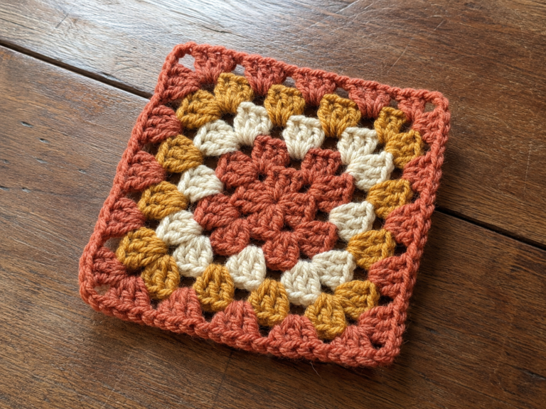 Classic four-round beginner granny square in terracotta, cream, and mustard on a wood table