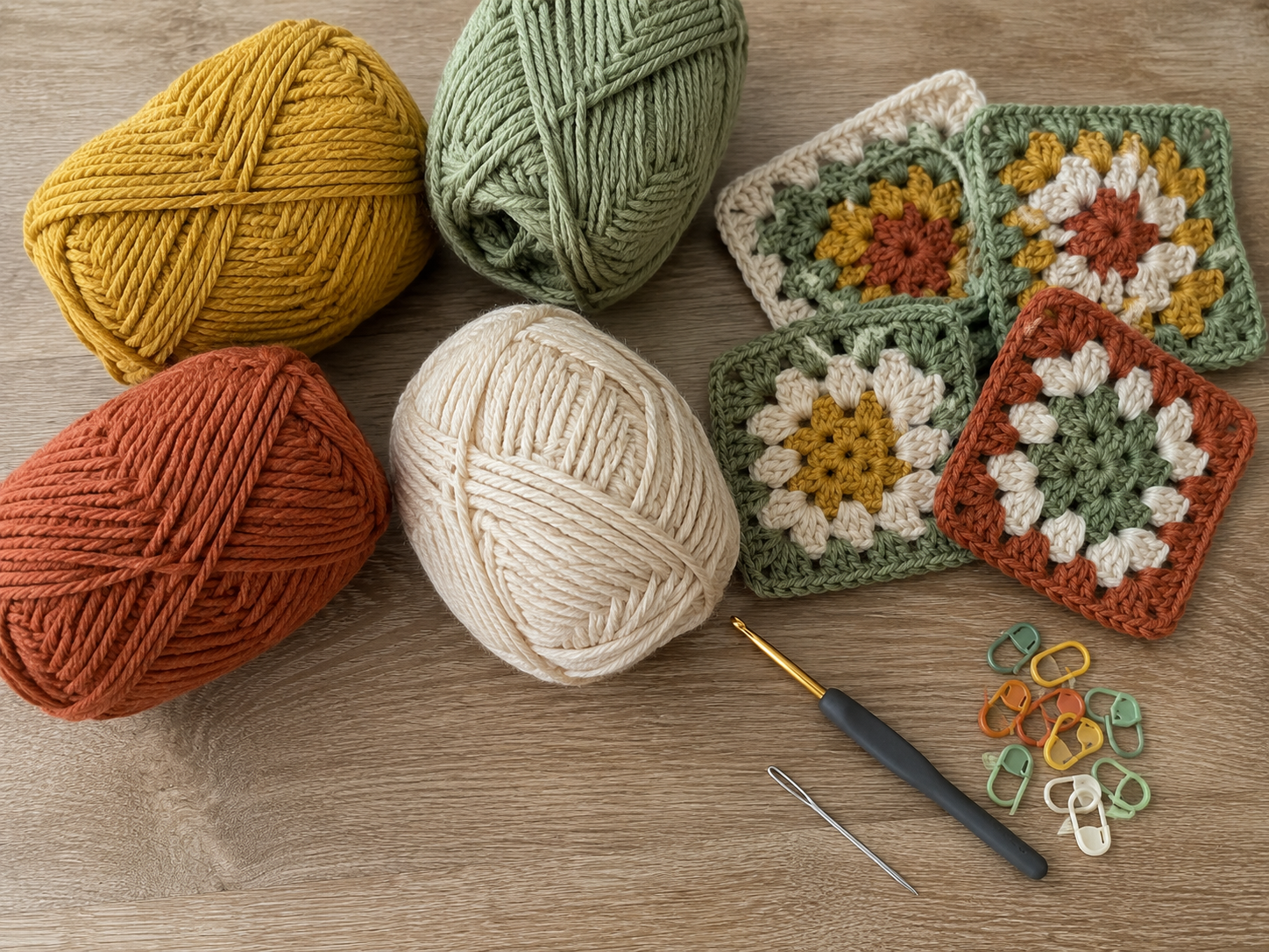 granny square cardigan materials: yarn, hook, stitch markers and needle