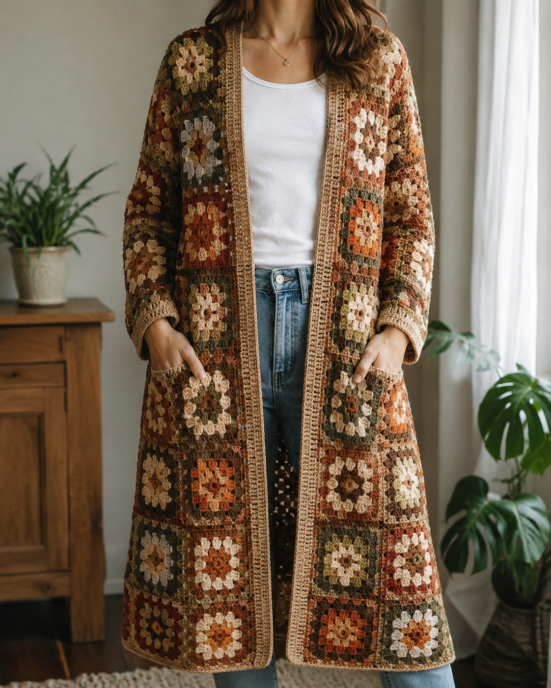 granny square cardigan patterns - Woman wearing a long granny square crochet cardigan with pockets