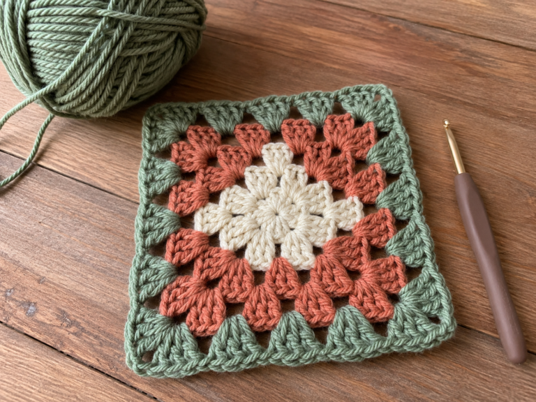 Classic granny square with green, terracotta, and cream rounds, hook and matching yarn