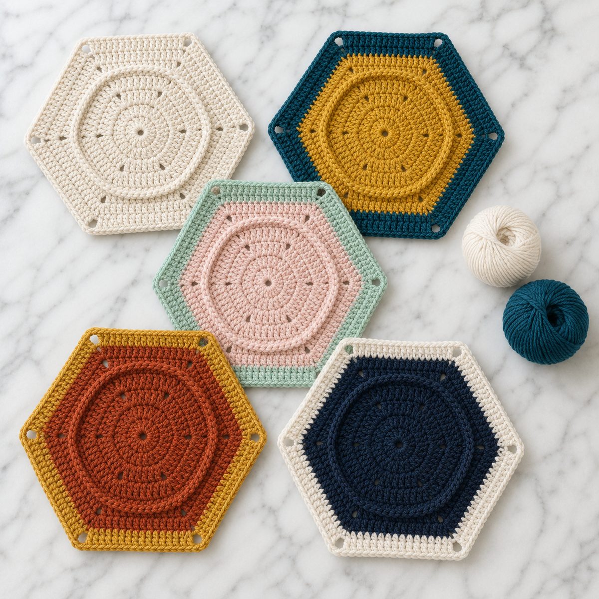 Five plain crochet hexagons in different color schemes: cream, teal and mustard, mint and pink, rust and mustard, navy and white