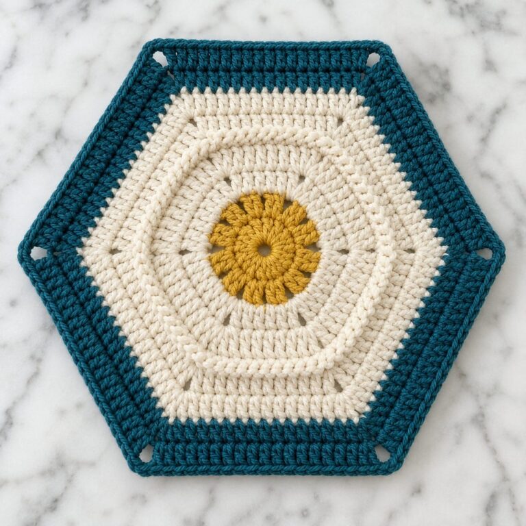 Hexagon granny square with a golden yellow center, solid cream rounds with a ridged band and a deep teal border, six corner gaps