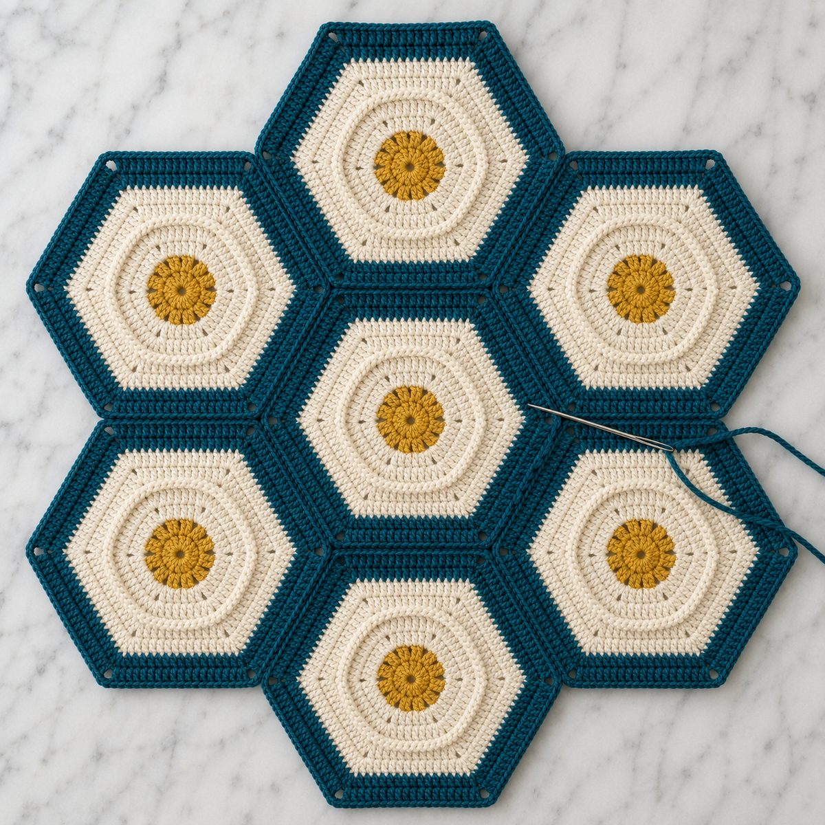 Seven hexagon granny squares arranged as a honeycomb with a yarn needle whip stitching two edges together
