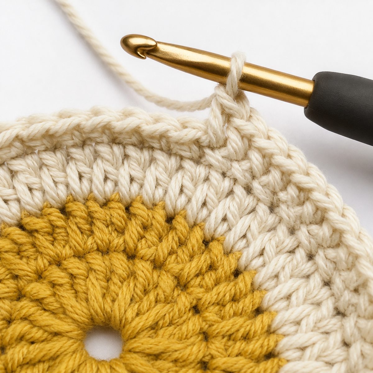 Close up of the ridged texture round: tight cream stitches forming a raised band between flat rounds