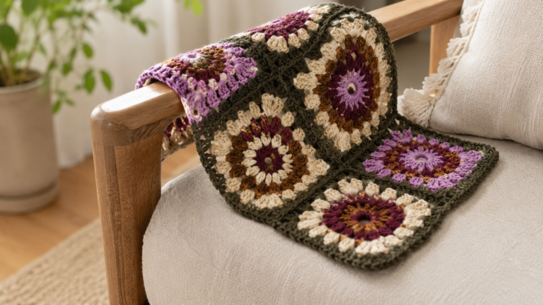 Joined crochet granny-square blanket with floral motifs draped over an armchair