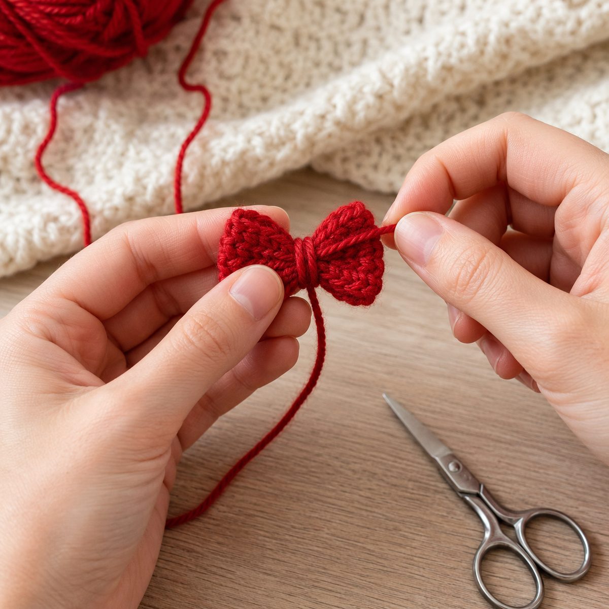 Hands wrapping red yarn around a tiny crocheted rectangle to cinch it into a bow