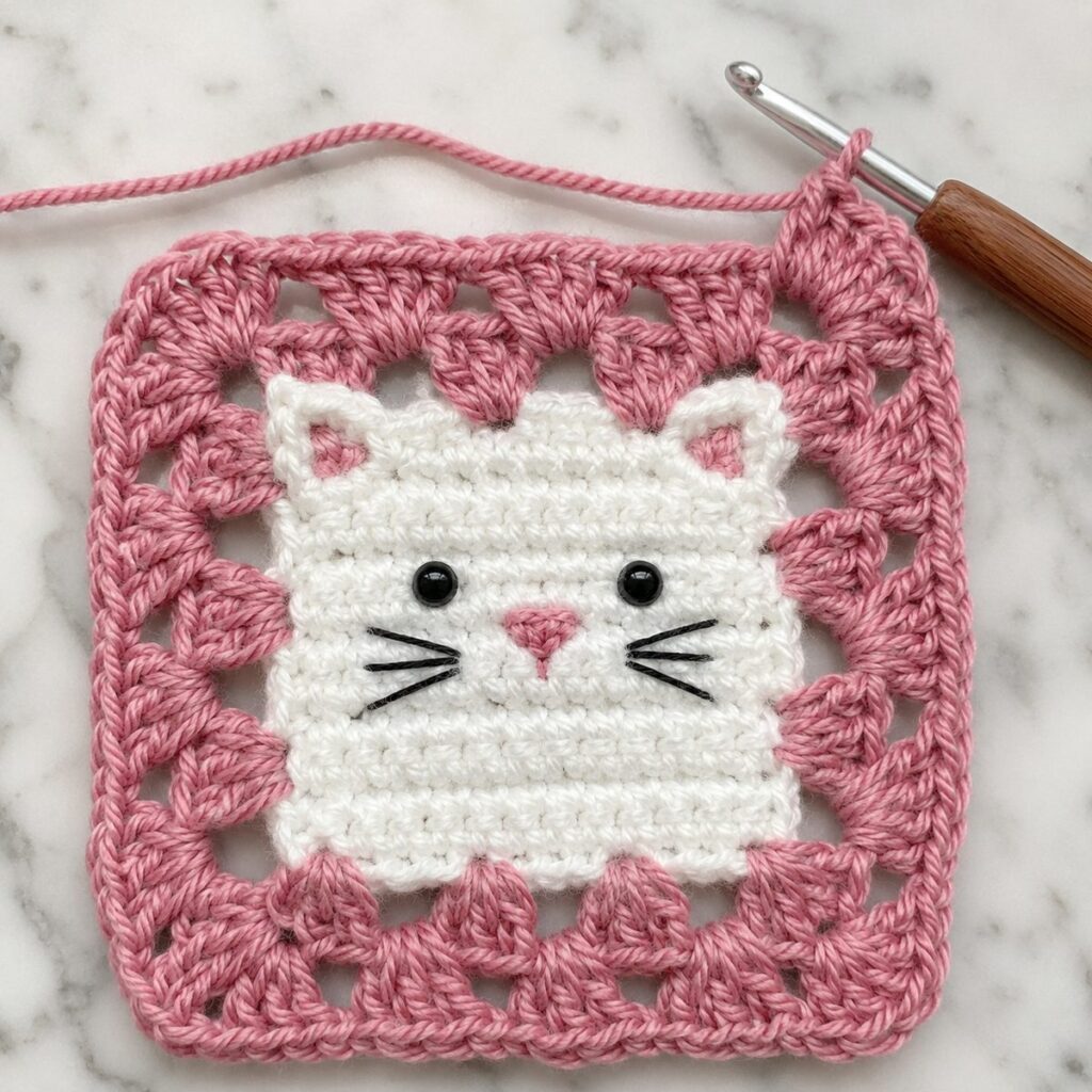 Kitty granny square with a white kitten face, pink triangle nose, pink inner ears and whiskers on a rose granny border