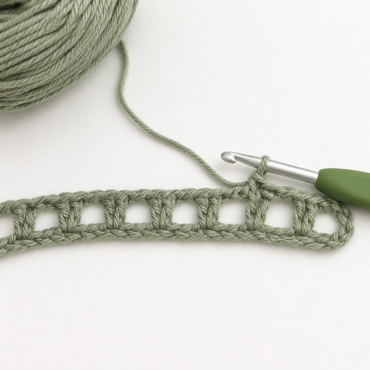 Foundation chain and first row of dc and ch 1 mesh boxes in sage green cotton, hook mid stitch