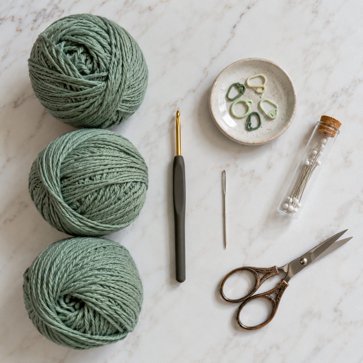 Three balls of sage green cotton with a gold hook, yarn needle, stitch markers, blocking pins and scissors on marble