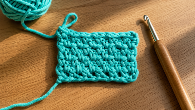 Close-up of an aqua crochet stitch swatch with a hook and yarn