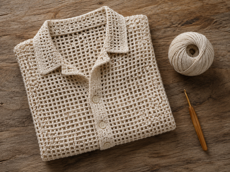 Folded cream crochet mesh oversized shirt with a collar and button placket, hook and yarn