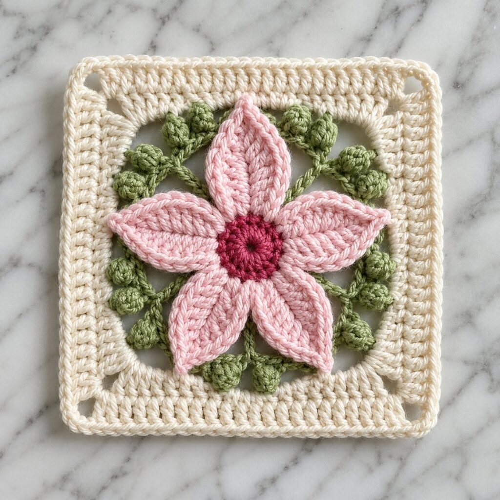 Petal granny square: five pointed pale pink petals around a raspberry center, framed by green leaf bobbles inside a cream crochet square