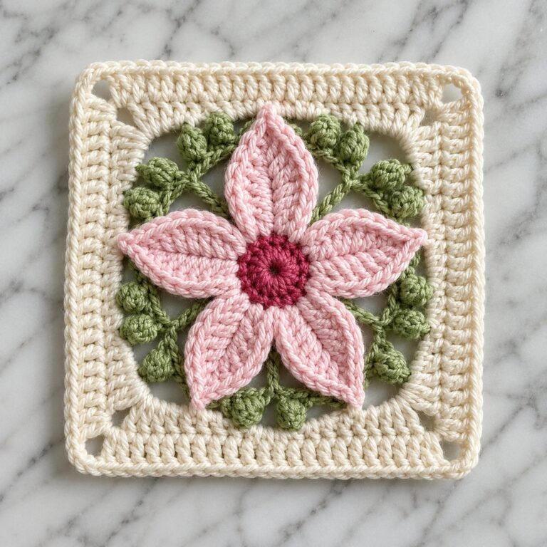 Petal granny square: five pointed pale pink petals around a raspberry center, framed by green leaf bobbles inside a cream crochet square