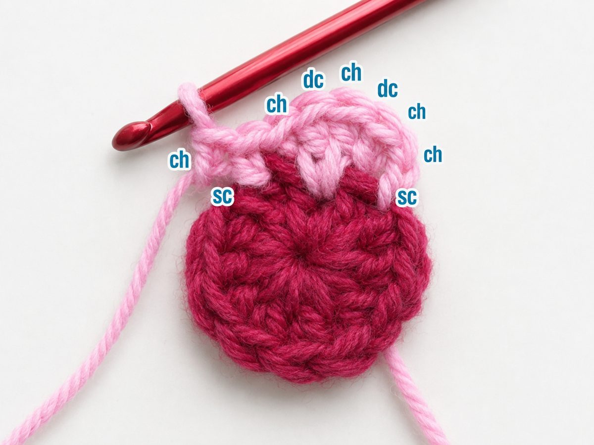 Pale pink petal base round worked into the raspberry wheel, stitches labeled sc, ch and dc with a red hook
