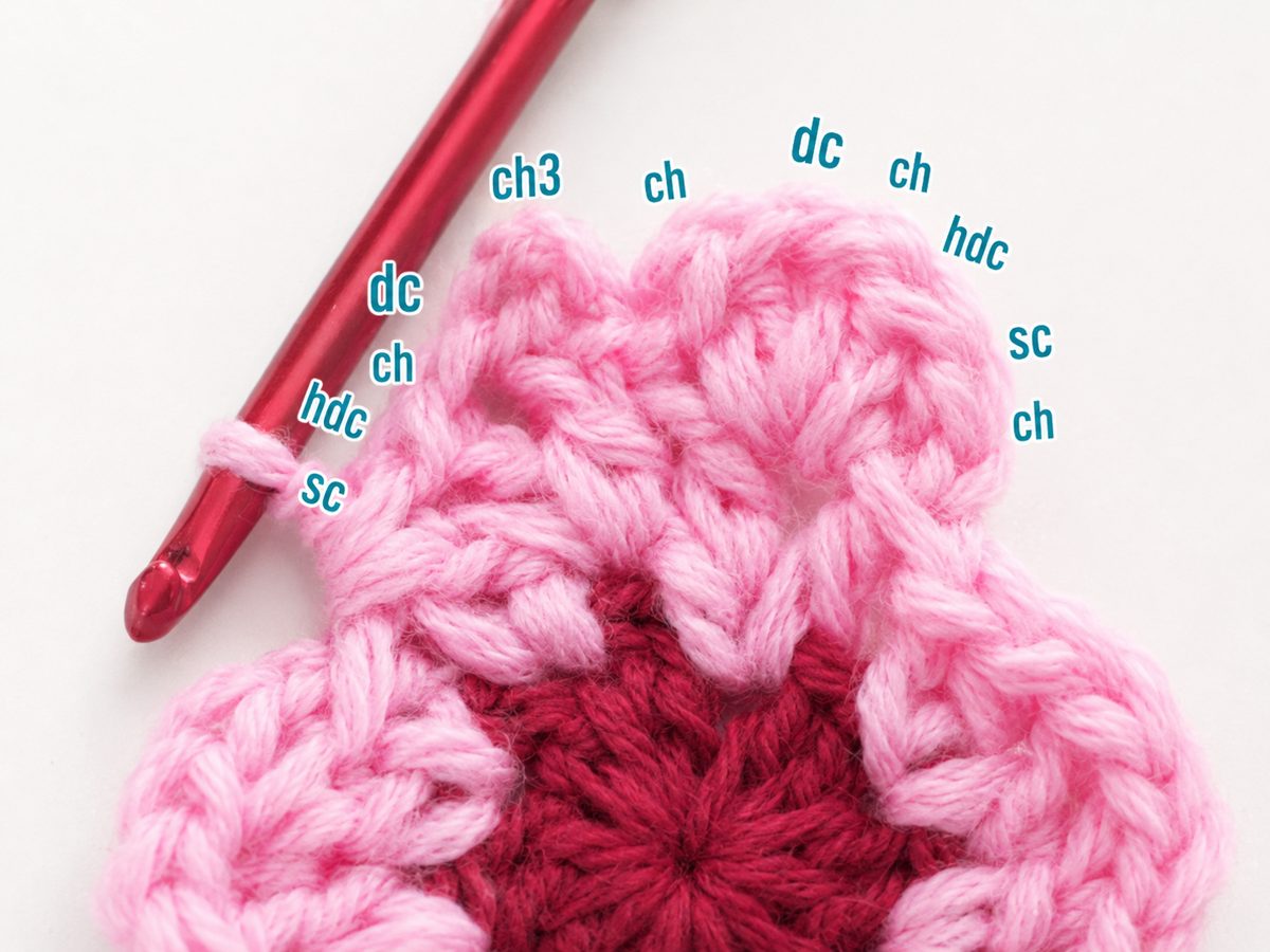 Close up of a pointed petal in progress, labeled sc, hdc, dc and the ch 3 picot at the tip