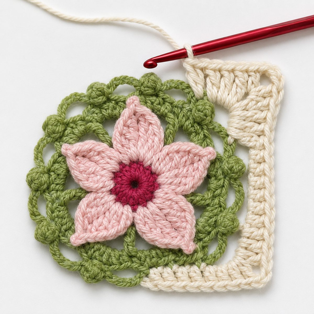 Round 5 in progress: cream corner stitches squaring the green halo of the flower, red hook mid stitch