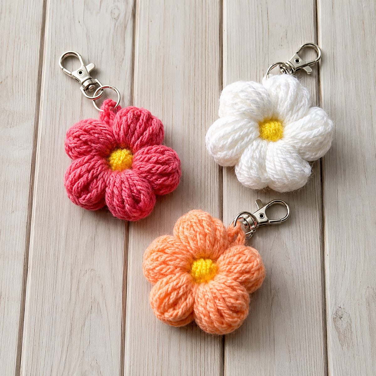 Three puff flower crochet keychains in pink, white and peach with yellow centers and silver clasps on a wooden table