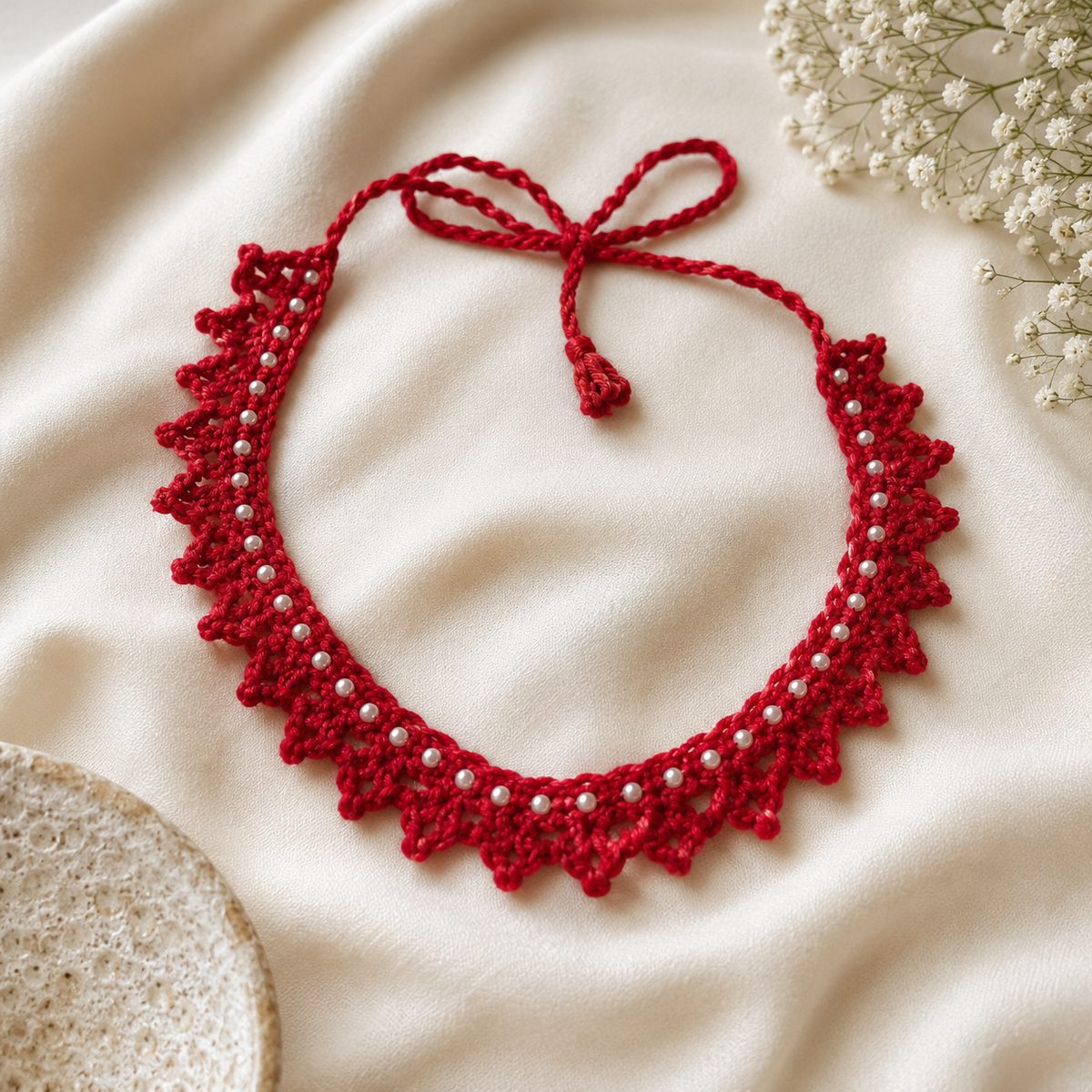Red crochet choker with looped edging, small pearl beads and a tie closure