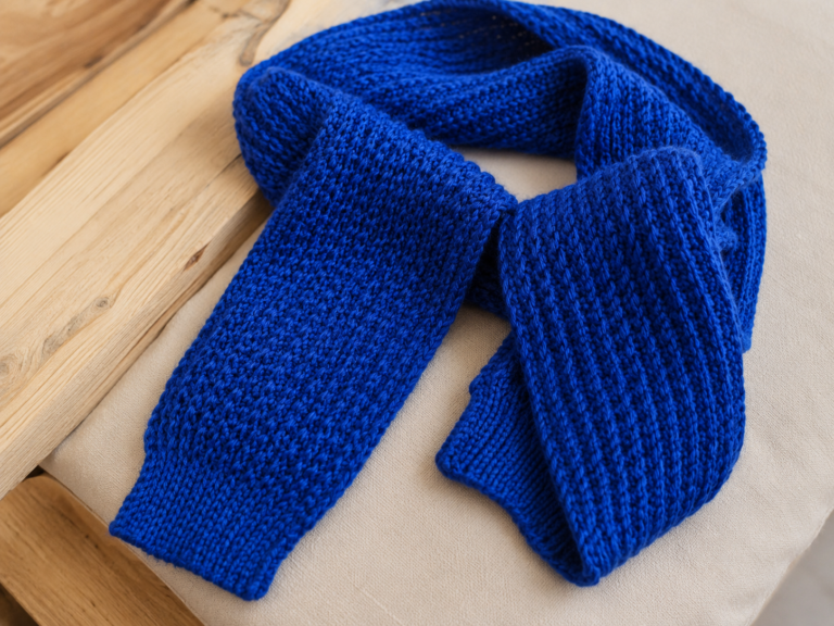 Royal blue ribbed crochet scarf on a wood surface