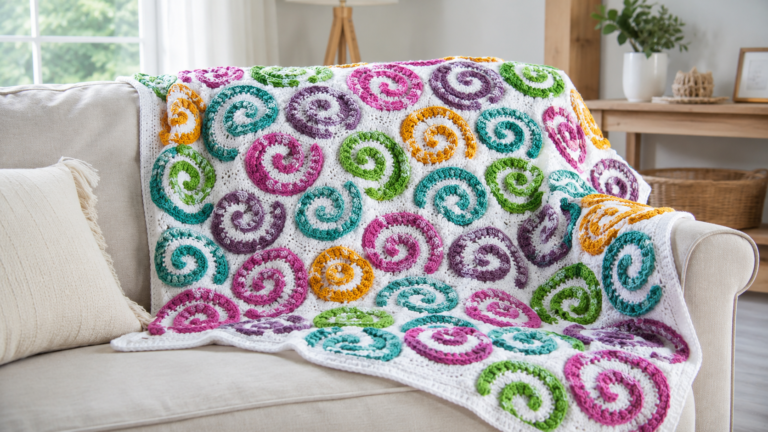 Colorful crochet blanket with circular swirl motifs on a sofa