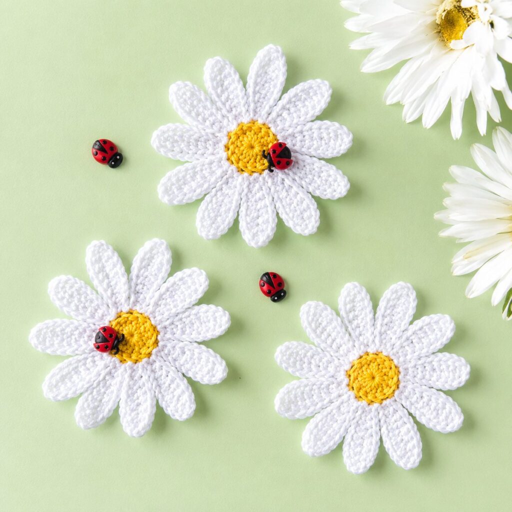 Spring crochet patterns: three white crochet daisy appliques with yellow centers and little ladybug buttons on a green background