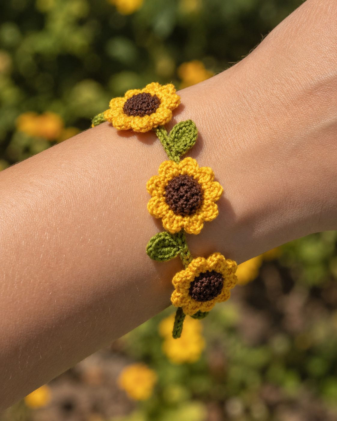 Crochet sunflower bracelet worn on a wrist in sunlight with three flowers and leaves visible
