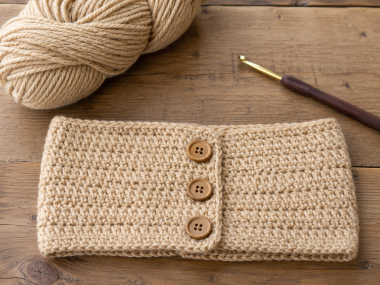 Finished tan crochet headband with three wooden buttons, yarn and hook