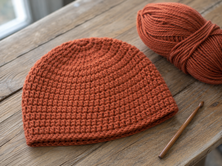Finished terracotta crochet beanie hat with matching yarn and wooden hook