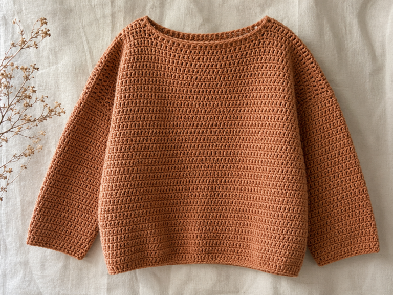 Finished rust boxy drop-shoulder crochet sweater made from two rectangles