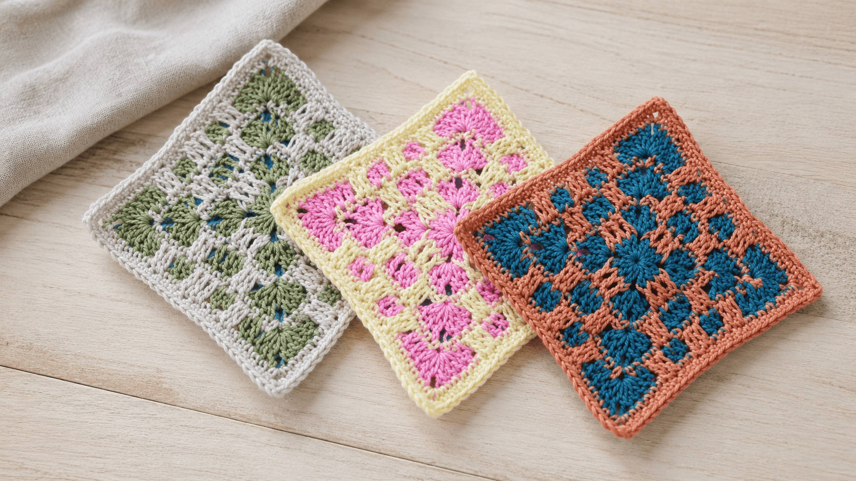 Three simple mosaic granny squares in different colorways