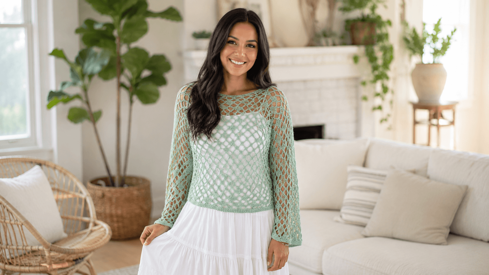 Model wearing a mint openwork crochet top