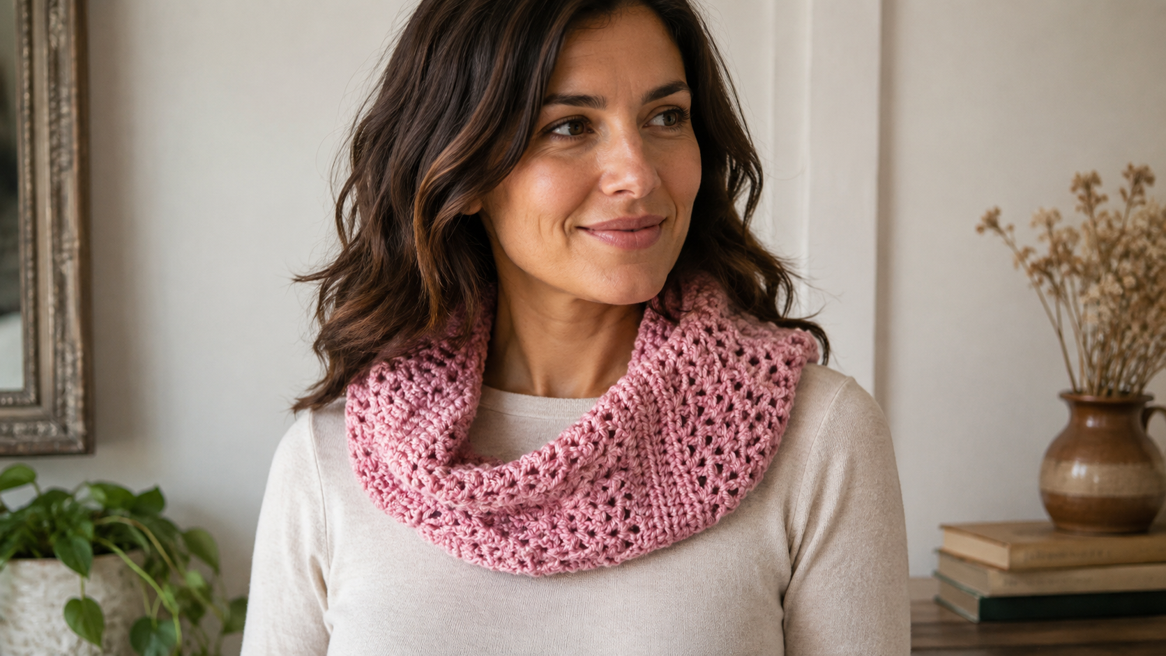 Model wearing a pink crochet cowl