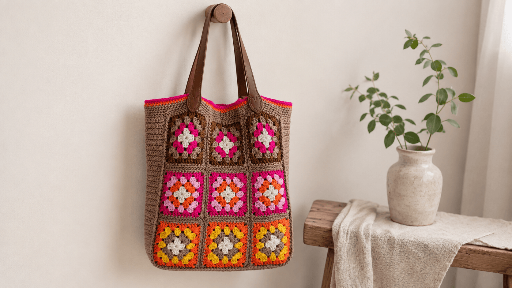Brown pink orange and yellow granny square tote bag