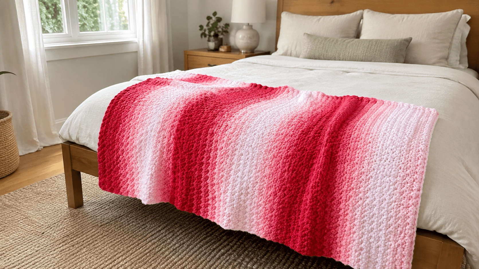 Red and pink ombre gradient crochet throw blanket on a bed