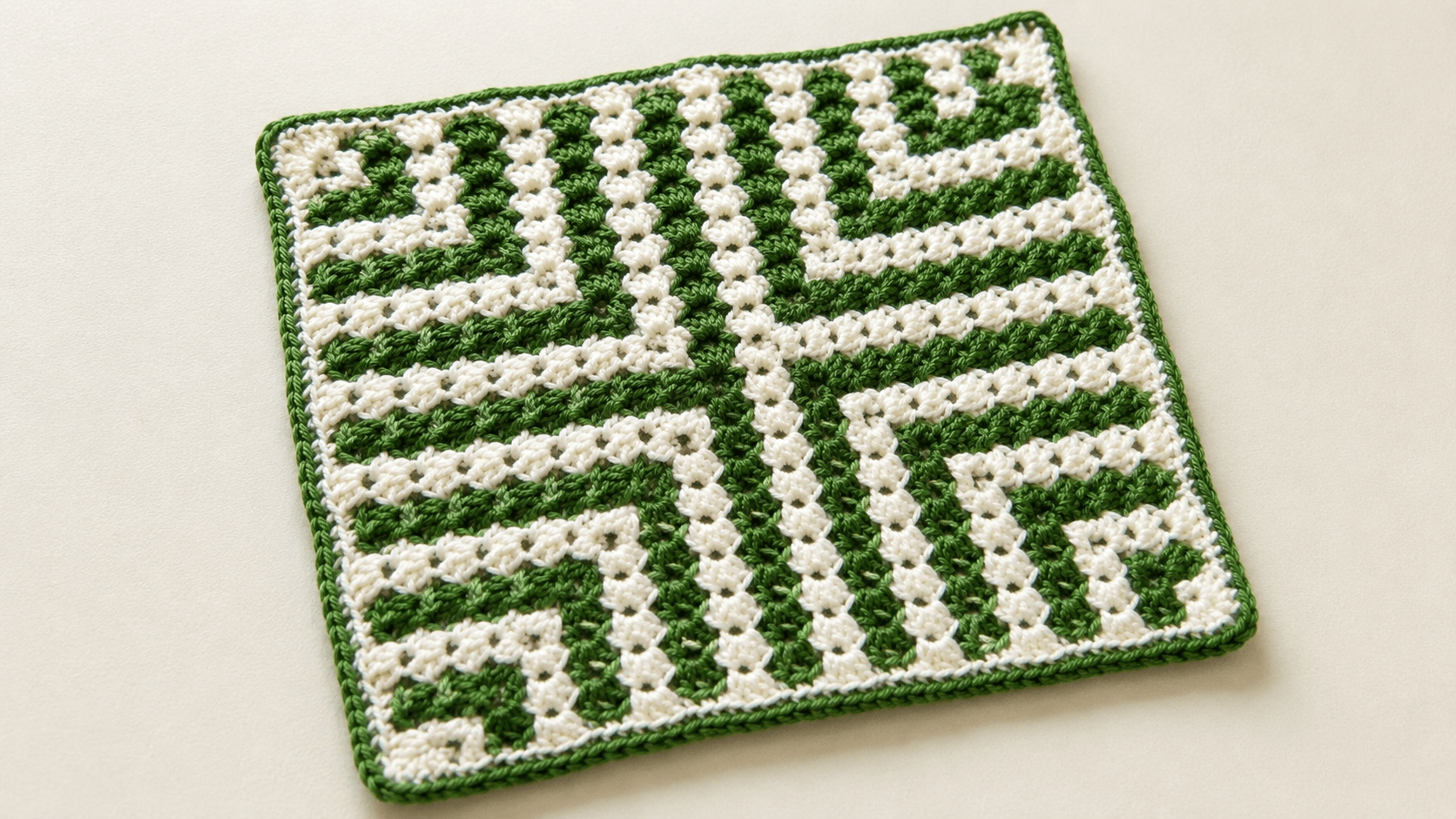Green and cream mosaic crochet brick square