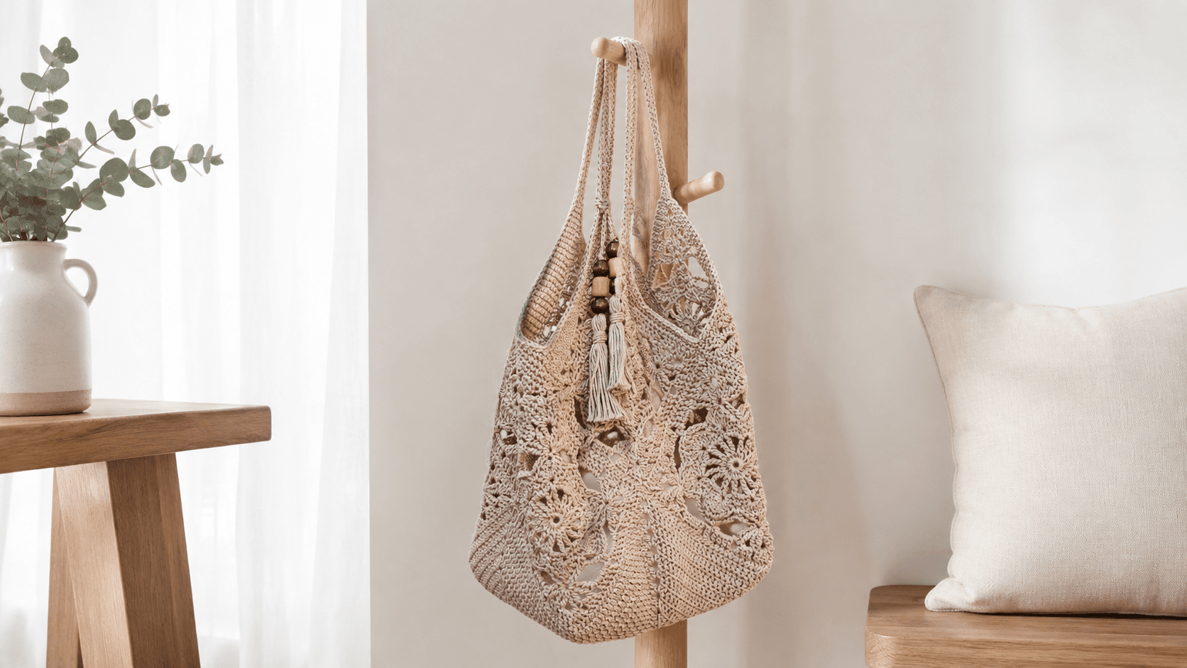 Cream lacy boho granny square bag with wooden beads