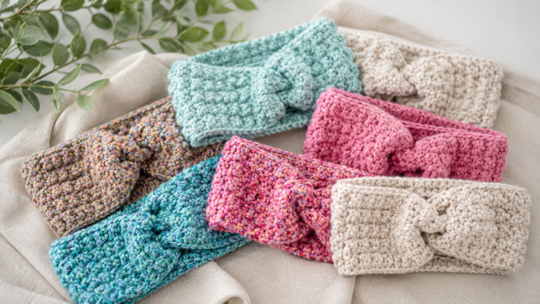 Several crocheted ear warmers with center twists